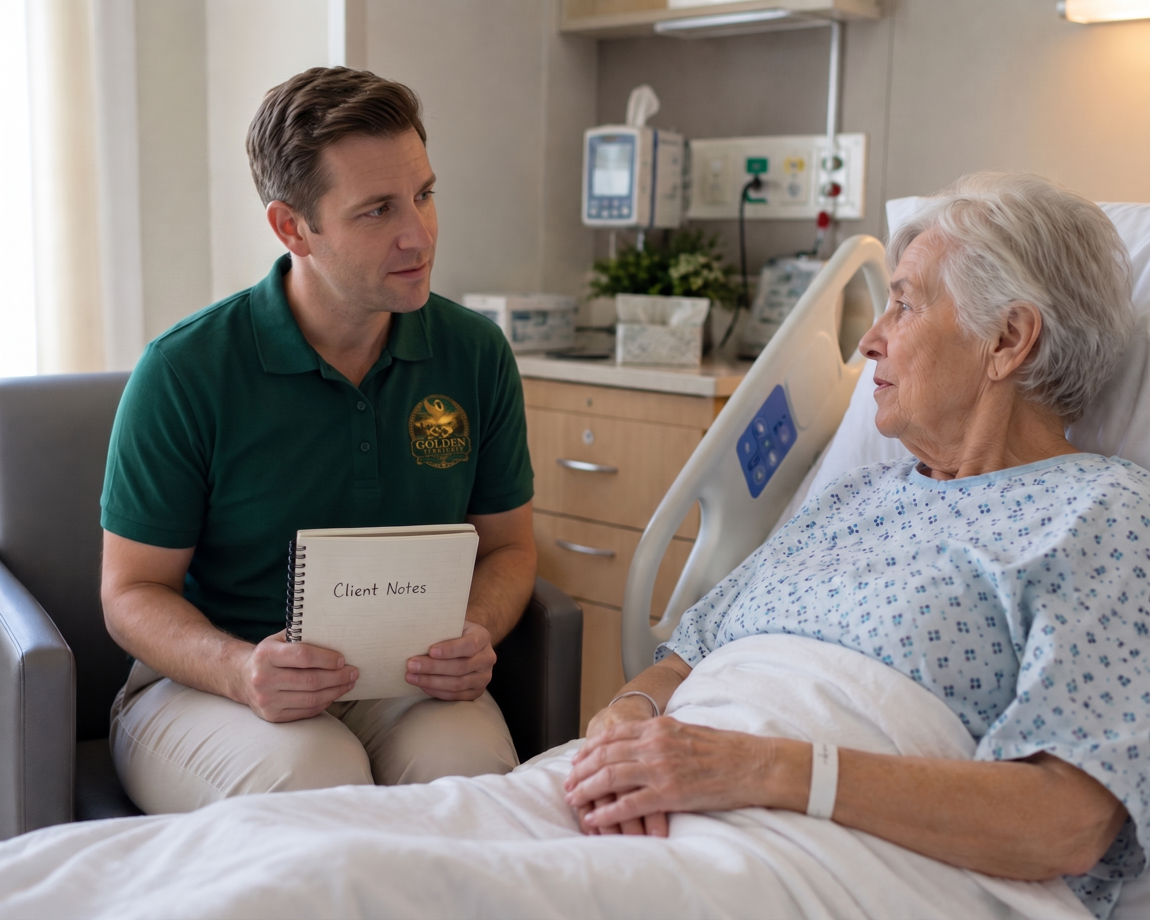 A young male healthcare worker consulting with an elderly female patient in a hospital bed. The nurse holds a notepad labeled 'Client Notes' and wears a green polo with a medical logo. The elderly woman is resting in bed with a hospital wristband, looking at the nurse in conversation. Medical equipment and a plant are visible in the background.