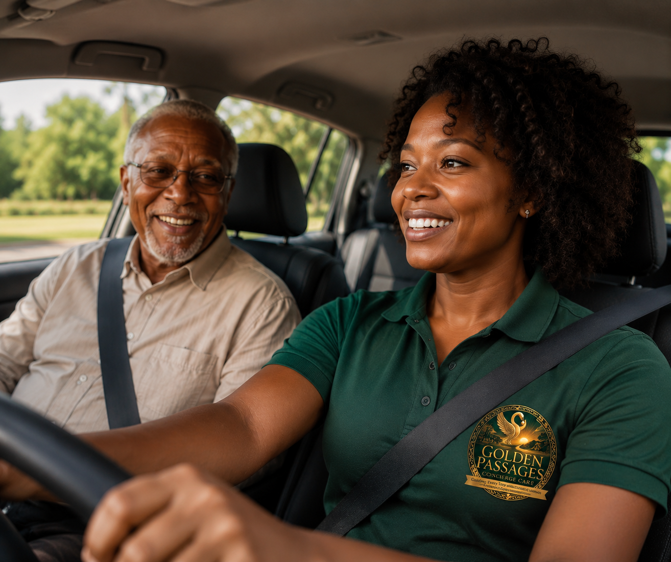 Smiling African American woman wearing a green uniform driving a car next to an older African American man in the passenger seat, both enjoying a pleasant ride.