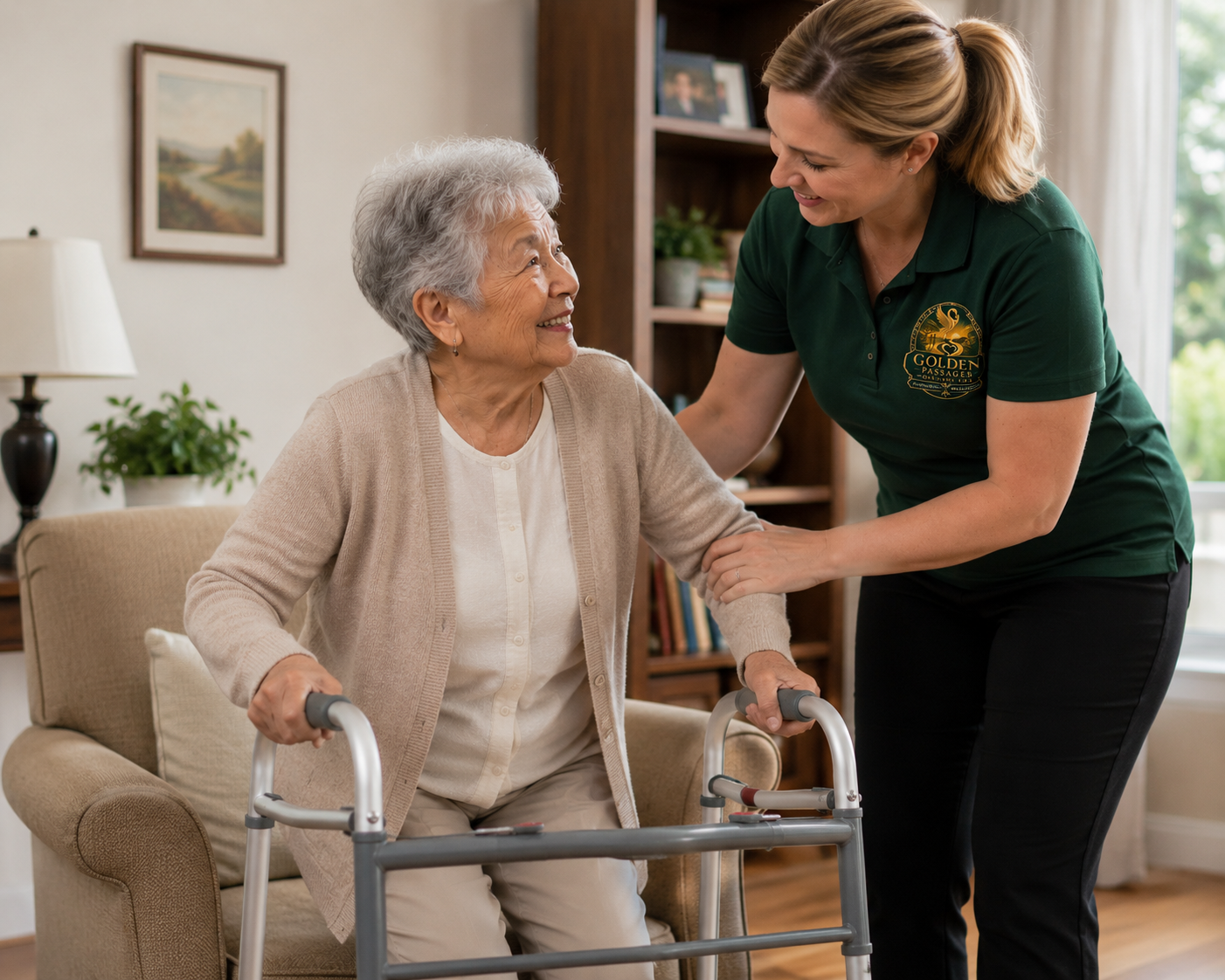 A caregiver assisting an elderly woman with a walker in a living room, both smiling and sharing a joyful moment.