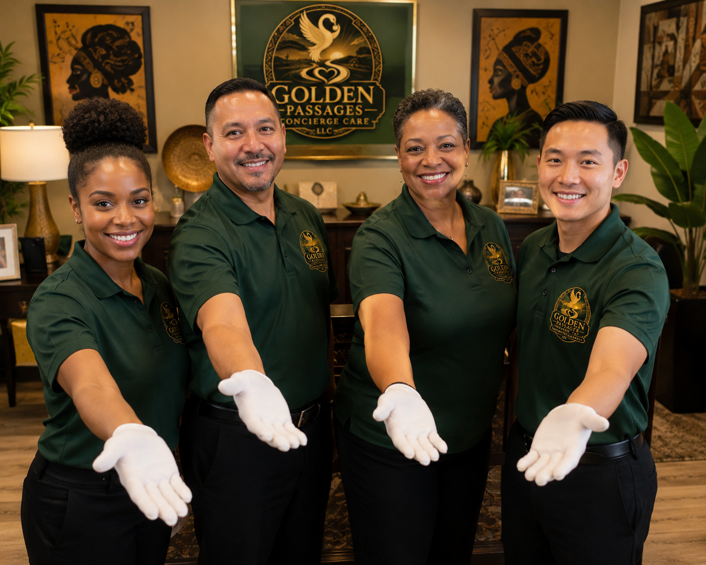 Four staff members wearing green polo shirts with a gold logo, smiling and extending their hands with white gloves, standing in an office with framed art and a sign reading 'Golden Passages Concierge Care LLC' in the background.