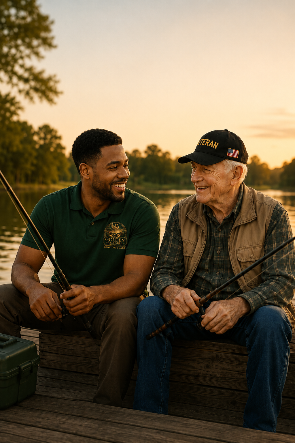 An older man and a younger man sitting on a dock near a lake, fishing and smiling at each other at sunset.