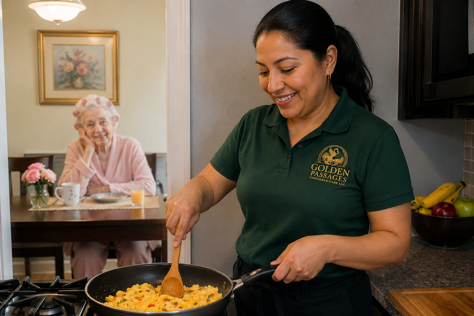 A woman in a green shirt with the logo 'Golden Passages Concierge Care LLC' cooking scrambled eggs or an omelette in a frying pan in a kitchen, while an elderly woman with gray hair in curlers, wearing pink pajamas, sits at a dining table watching and smiling.