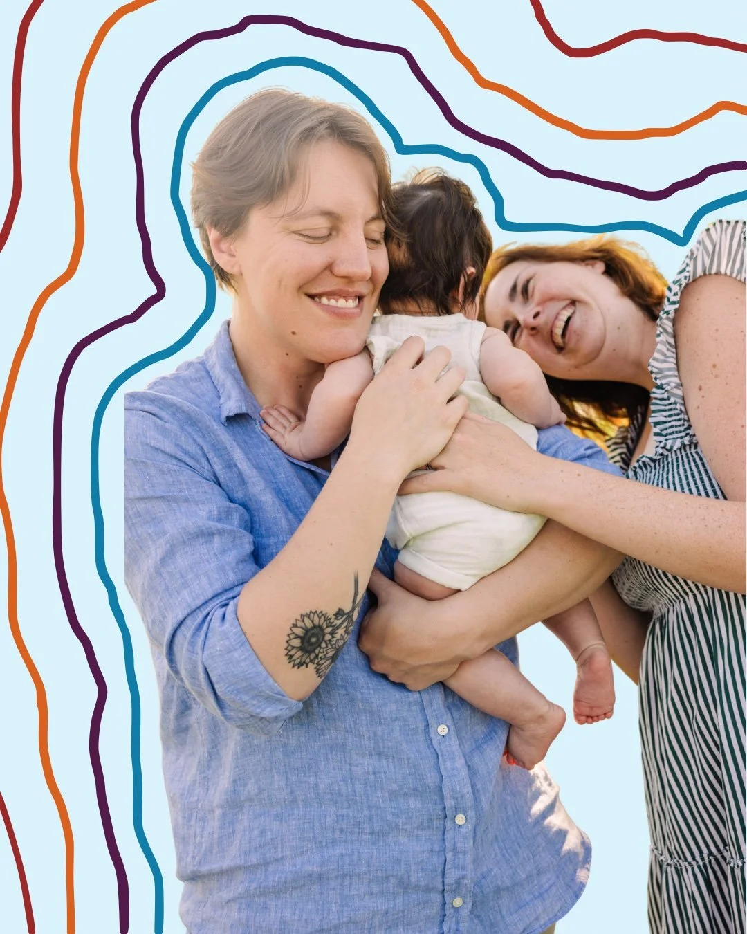 Two women happily holding a baby with colorful contour lines in the background.