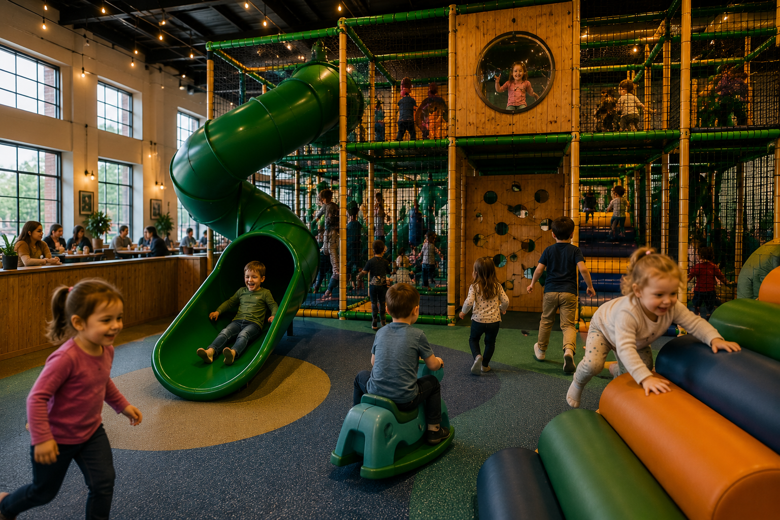 Children playing on a green slide and climbing structure inside an indoor playground, with adults sitting at a restaurant in the background.