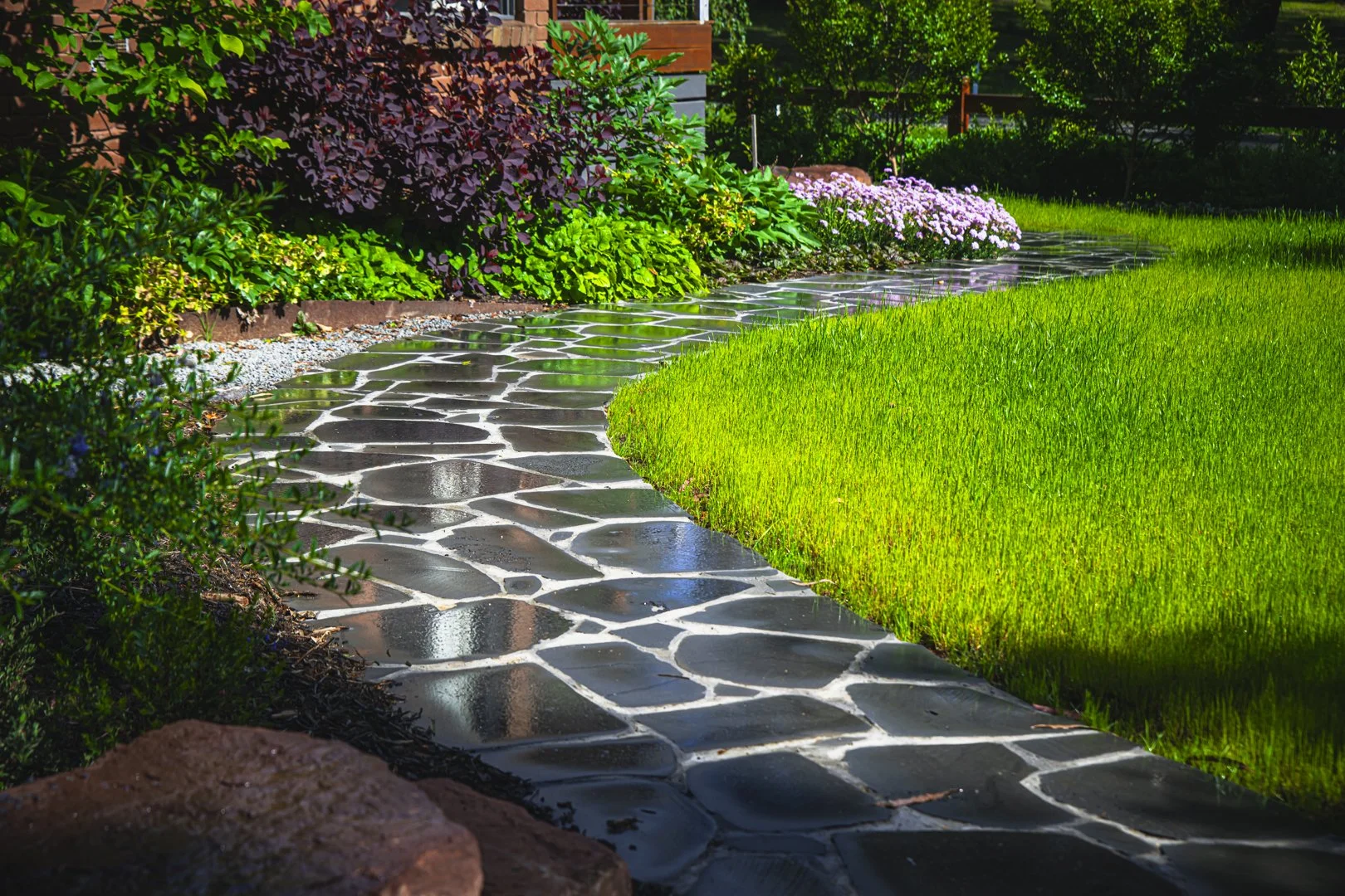 A wet stone pathway curves through a lush green garden with flowering bushes and trees.