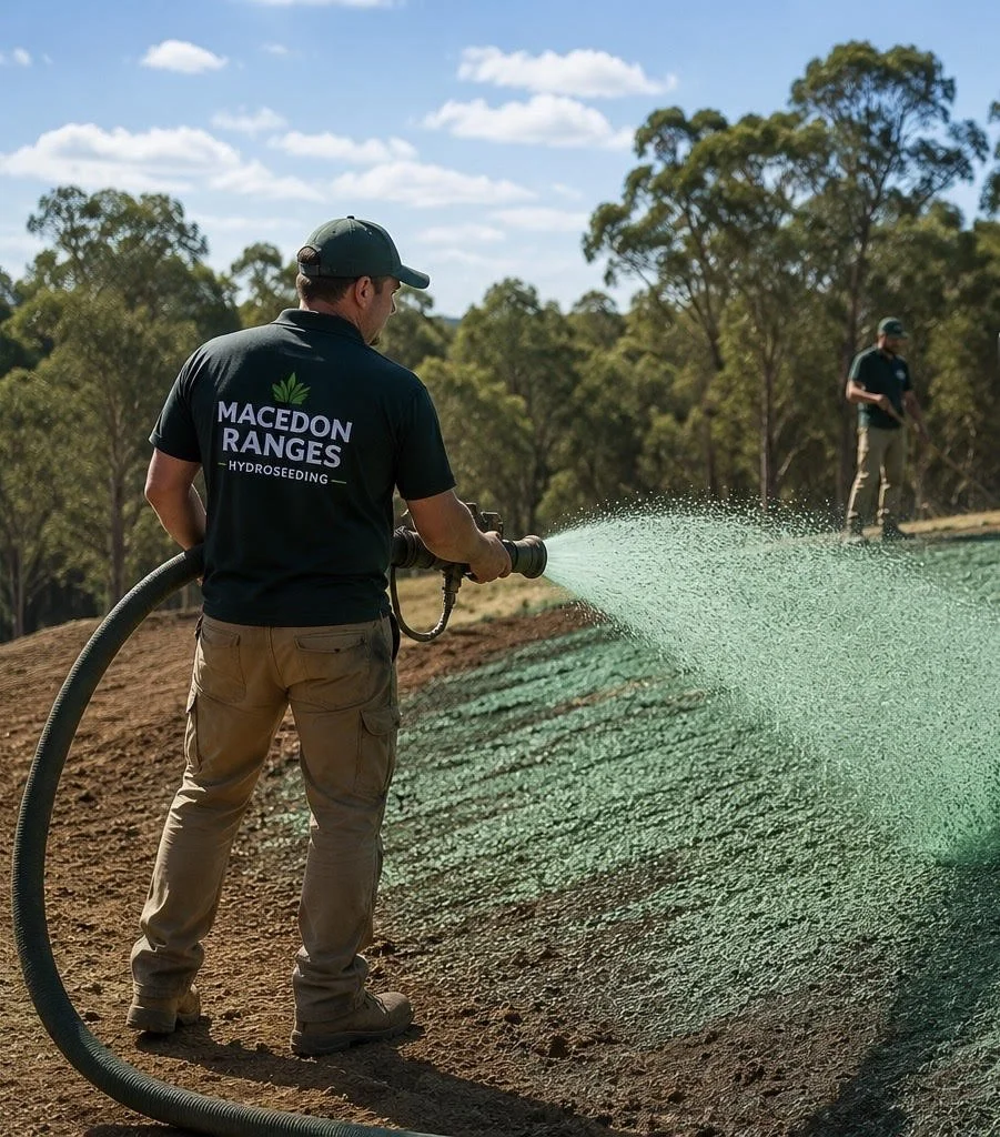 A man is watering a newly planted hillside with a hose, wearing a black shirt with