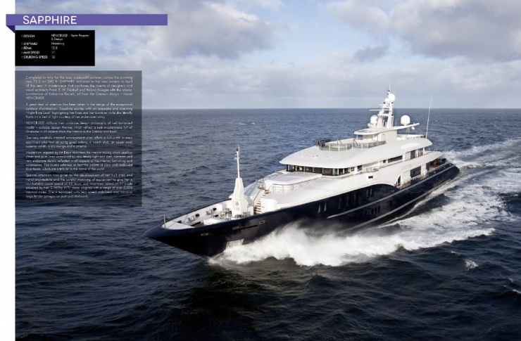 Großer weißer Luxus-Yacht auf dem Meer, mit einem blauen Saphir-Label im oberen linken Bereich