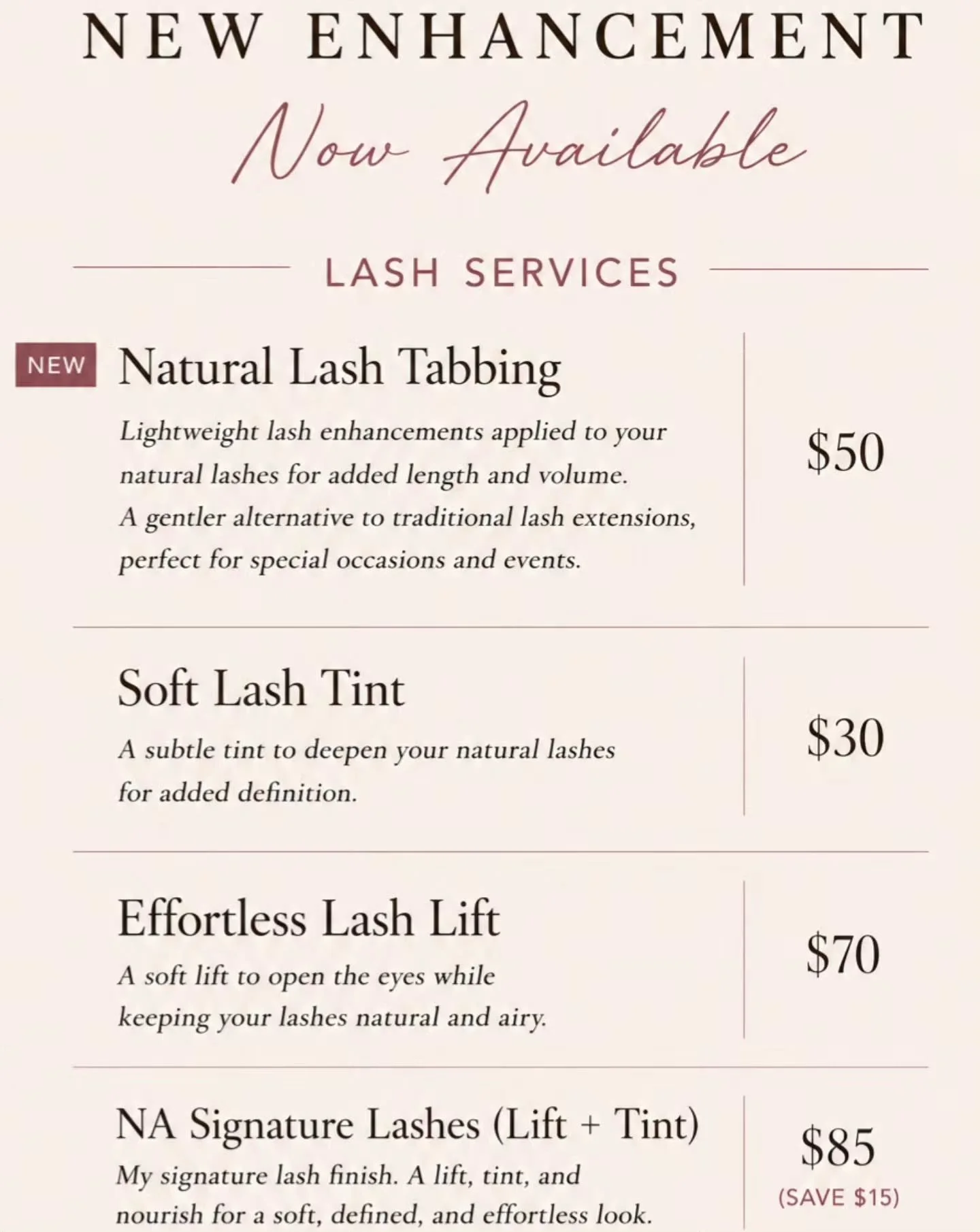 🤎Introducing Natural Lash Tabbing🤎

A simple way to add soft definition and  fullness without the commitment of lash extensions.

Because sometimes the smallest enhancements make the biggest difference. ✨️