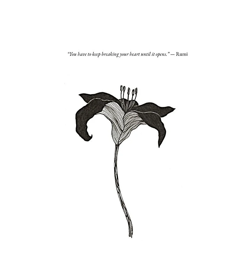 A black and white illustration of a lily flower with a quote by Rumi at the top, reading 'You have to keep breaking your heart until it opens.'