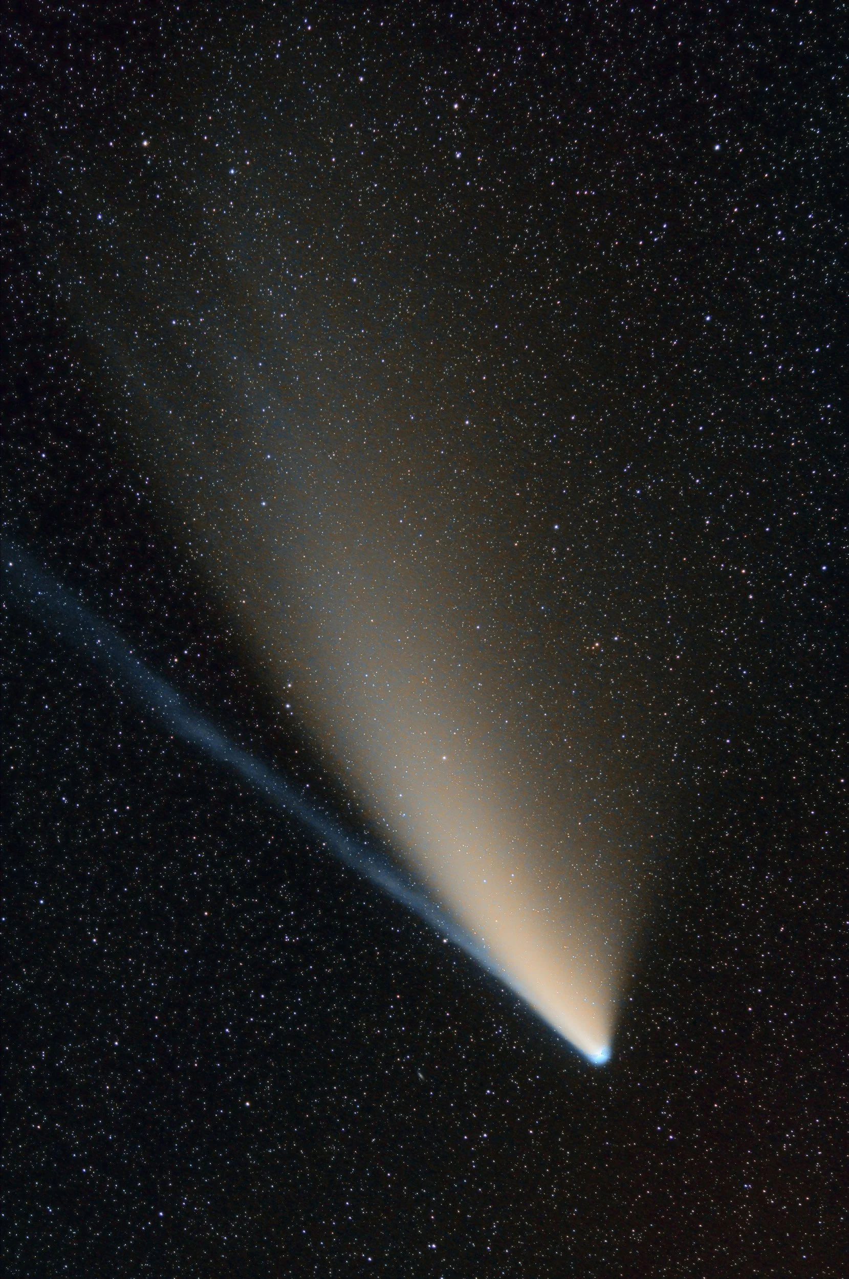 A bright comet with a long, glowing tail streaks across a star-filled sky.