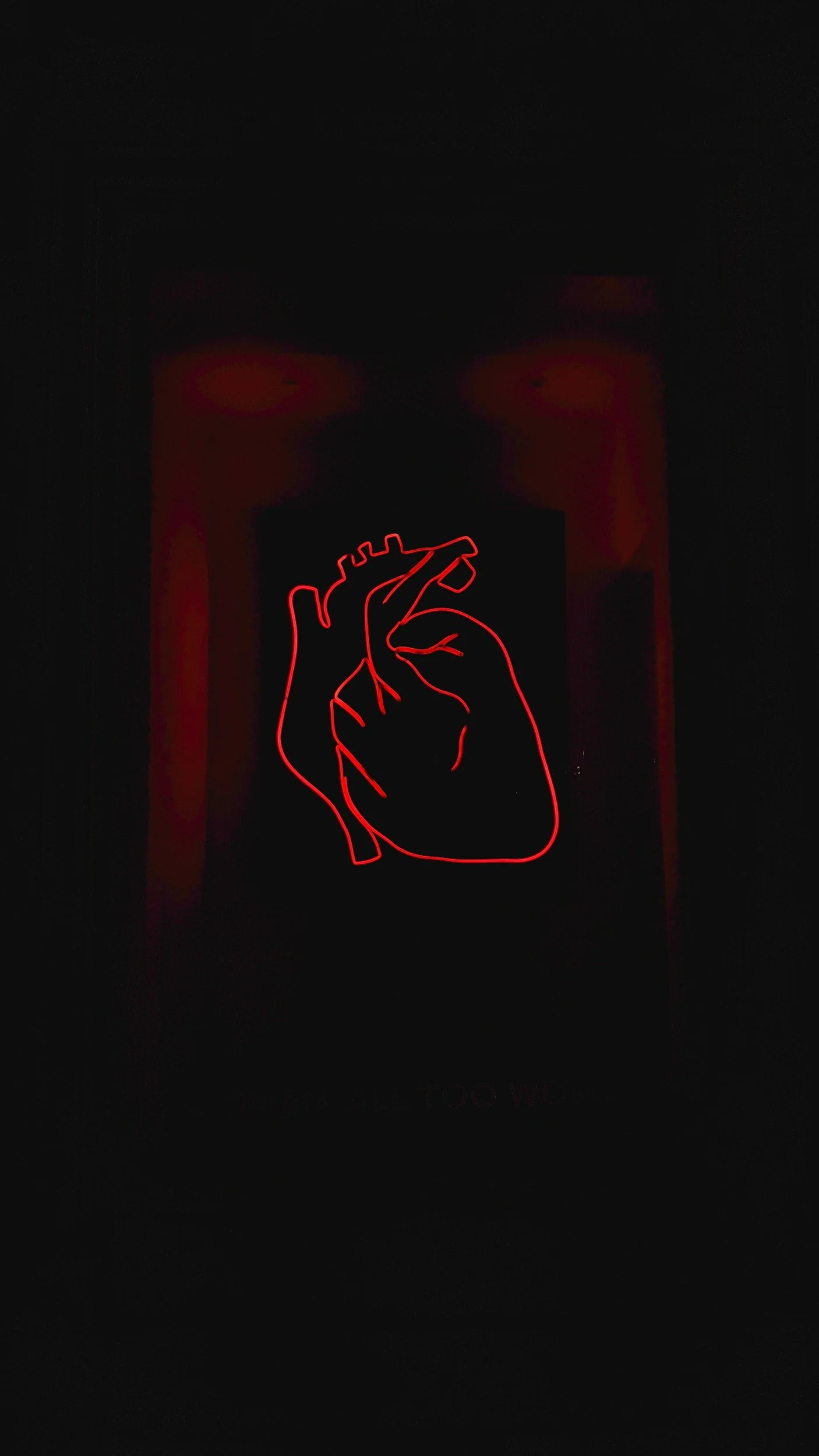 Neon sign of a human heart outline in red with black background.