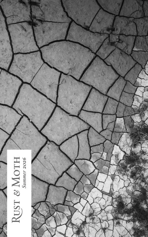 Close-up of cracked, dry earth with a vertical white banner on the left reading 'Moth & Rust & Summer 2026'