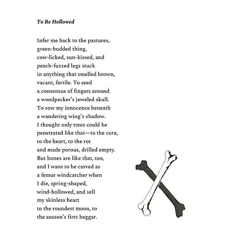 A poem titled 'To Be Hollowed' with two crossed bones illustration at the bottom right.