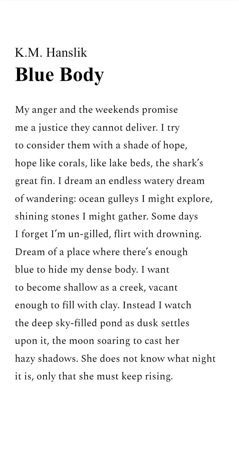Cover page of the book titled 'Blue Body' by K.M. Hanslik, featuring a short poetic excerpt.