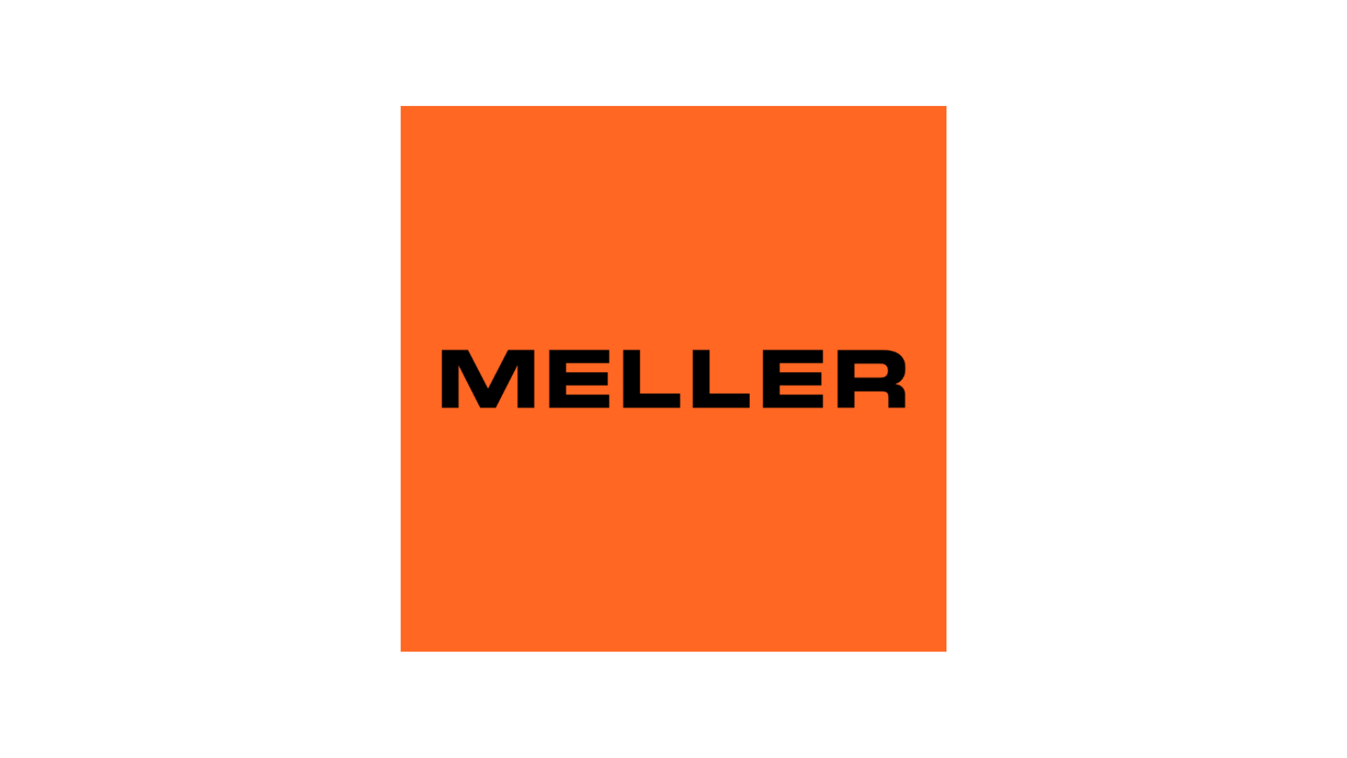 Oranje vierkant met zwarte tekst 'MELLER' in het midden.