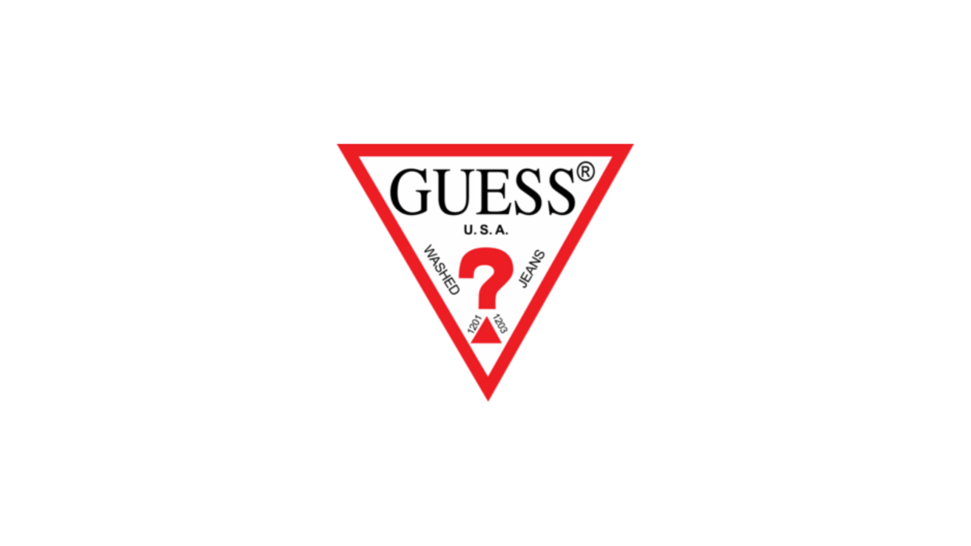 Het logo van Guess met een rood omlijnd driehoek en de tekst 'GUESS' en een rood vraagteken in het midden.