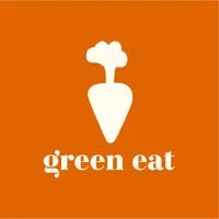 Un logotipo con una zanahoria blanca y un gorro de chef, con texto que dice "green eat" en fondo naranja.