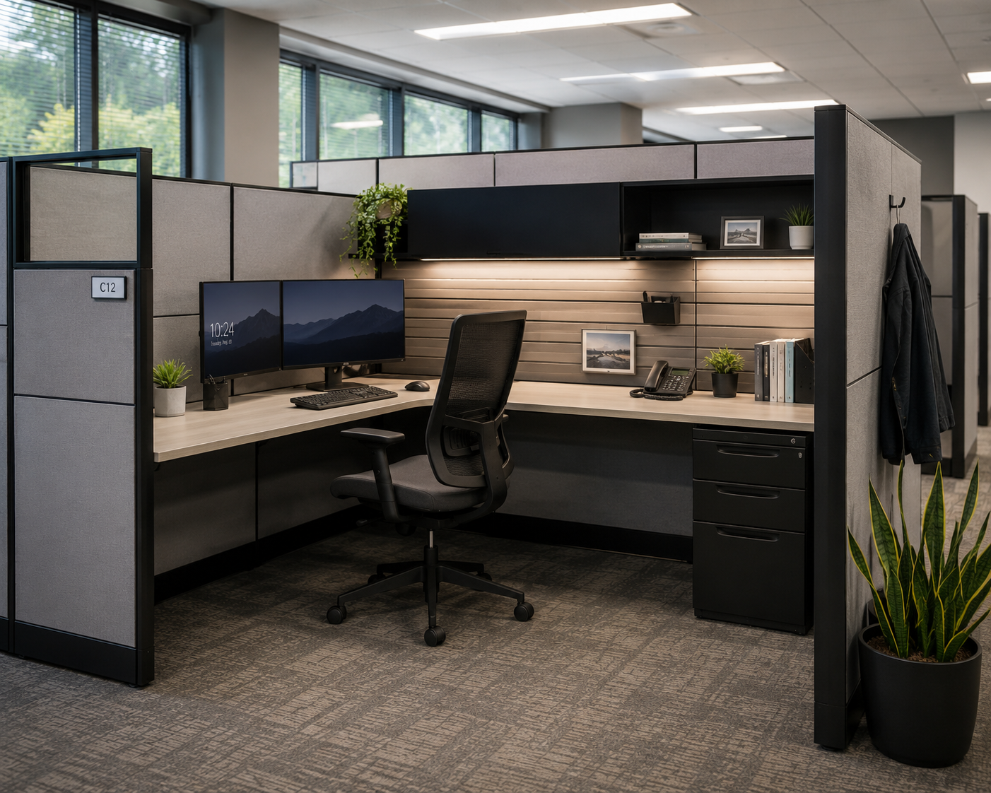 Office cubicle with dual monitors, desk, office chair, plants, shelves, and personal items in a modern workspace