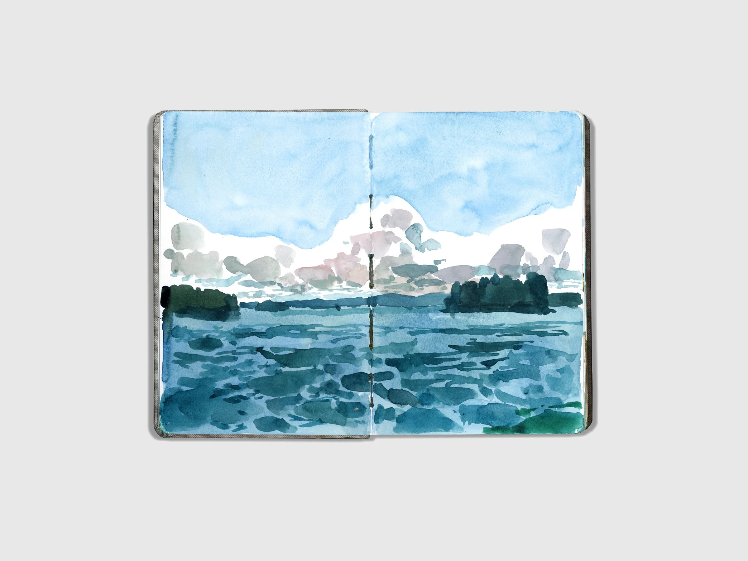 This is a watercolor sketch of a landscape completed while traveling.