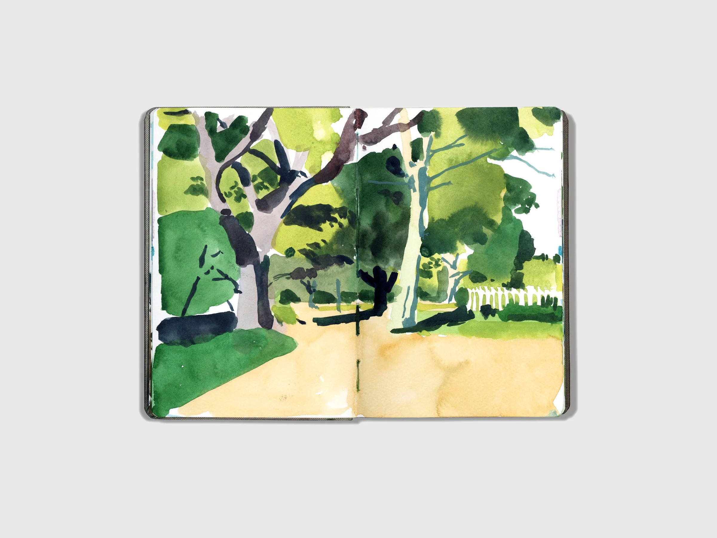 This is a watercolor sketch of a landscape completed while traveling.