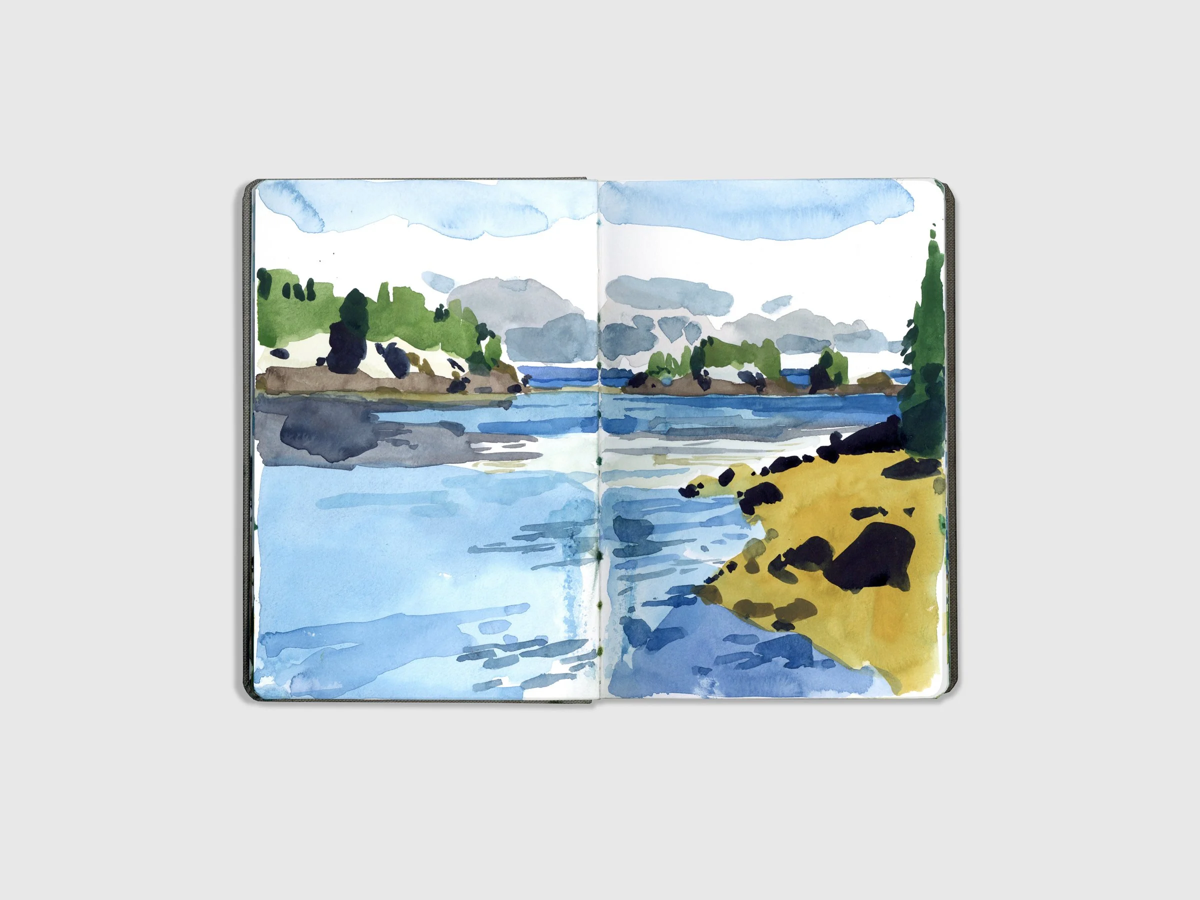 This is a watercolor sketch of a landscape completed while traveling.