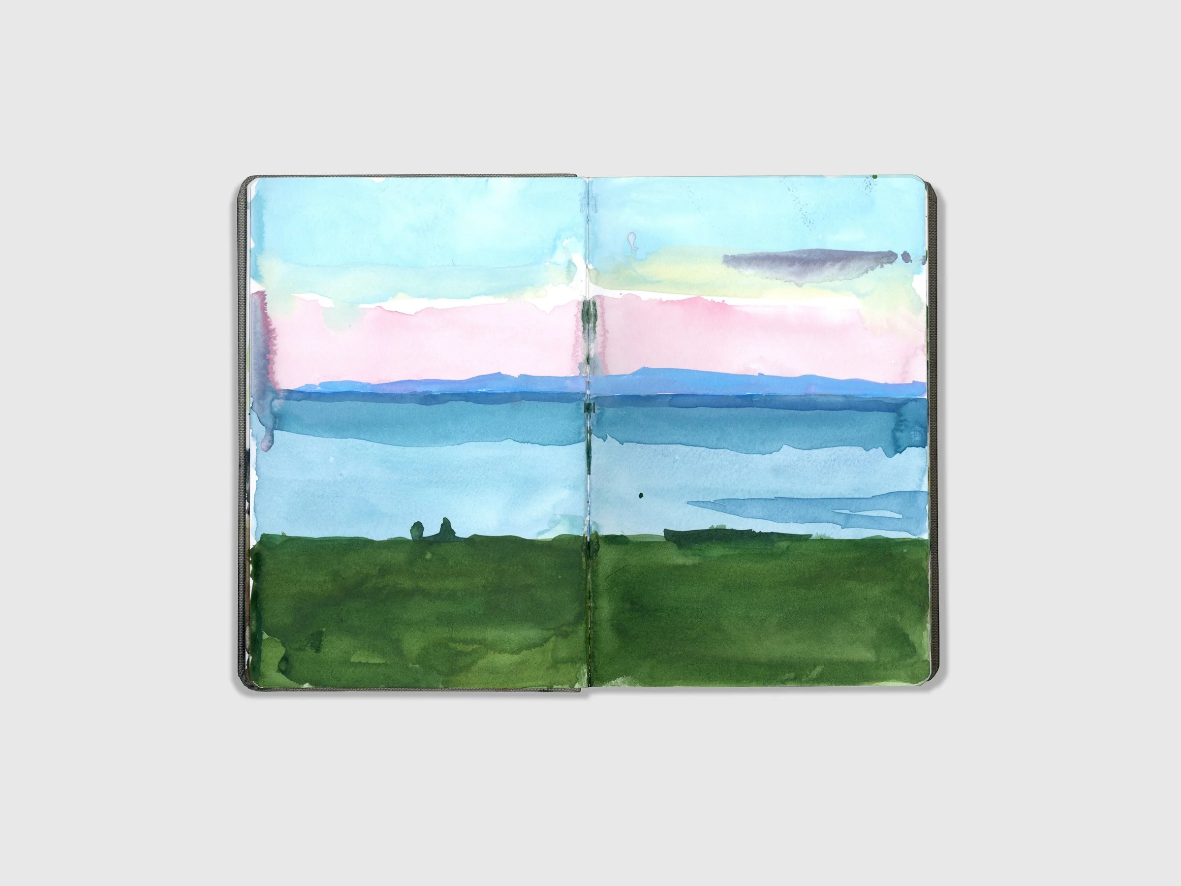 This is a watercolor sketch of a landscape completed while traveling.