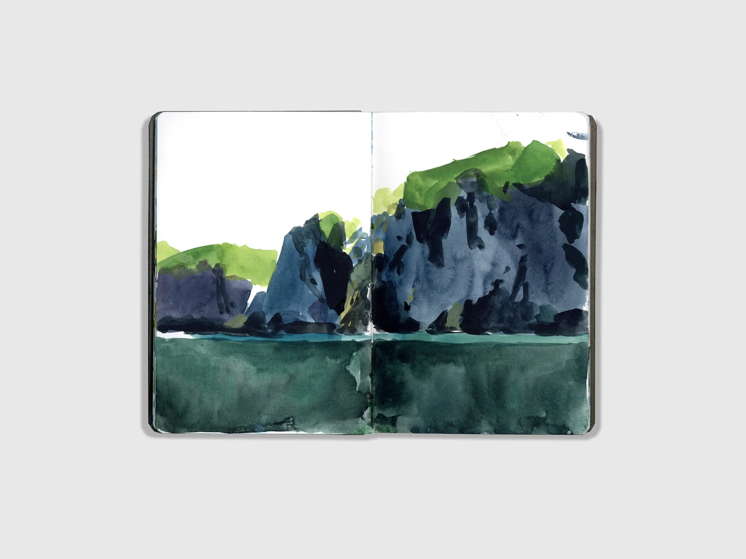 This is a watercolor sketch of a landscape completed while traveling.