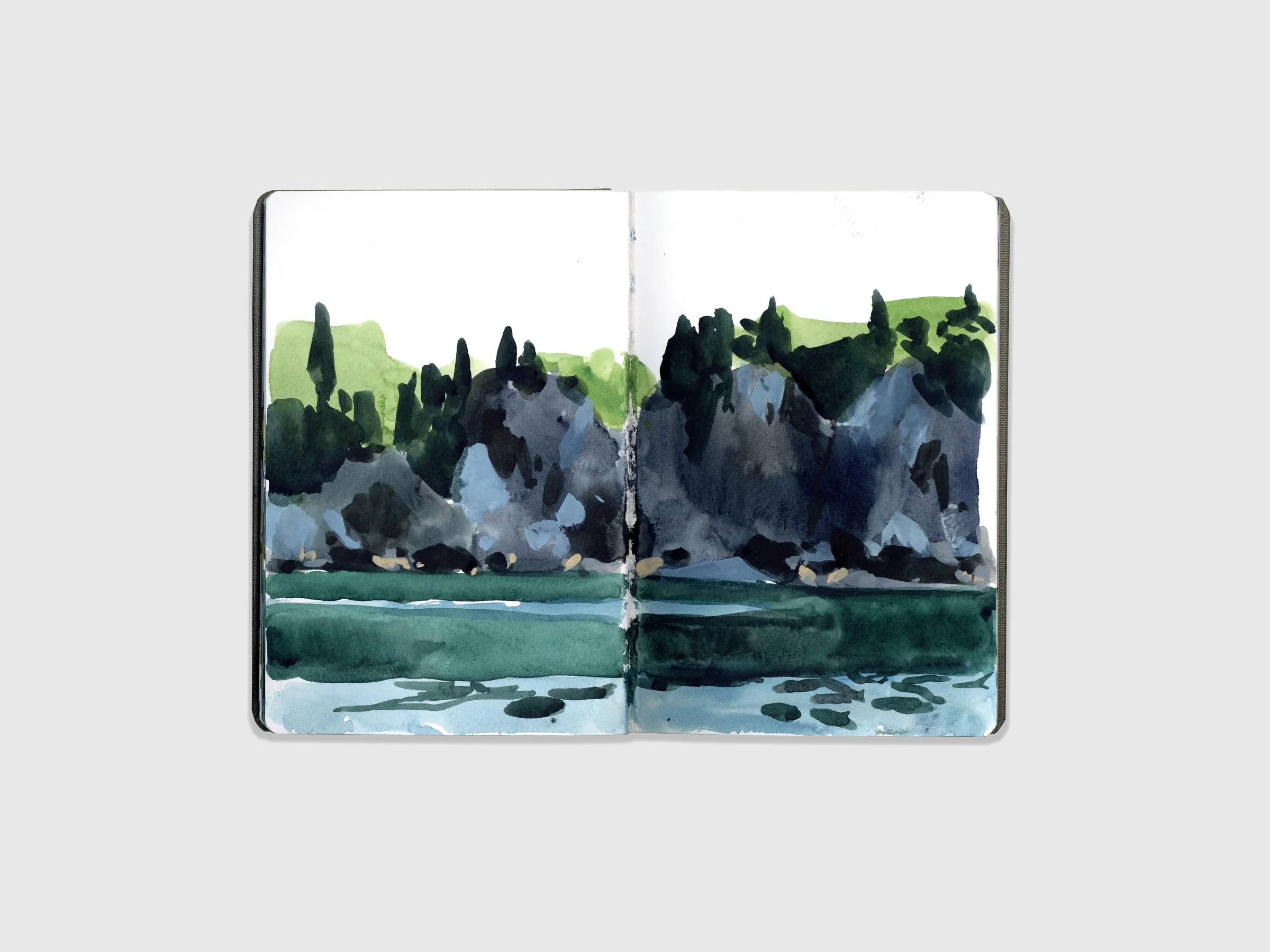 This is a watercolor sketch of a landscape completed while traveling.