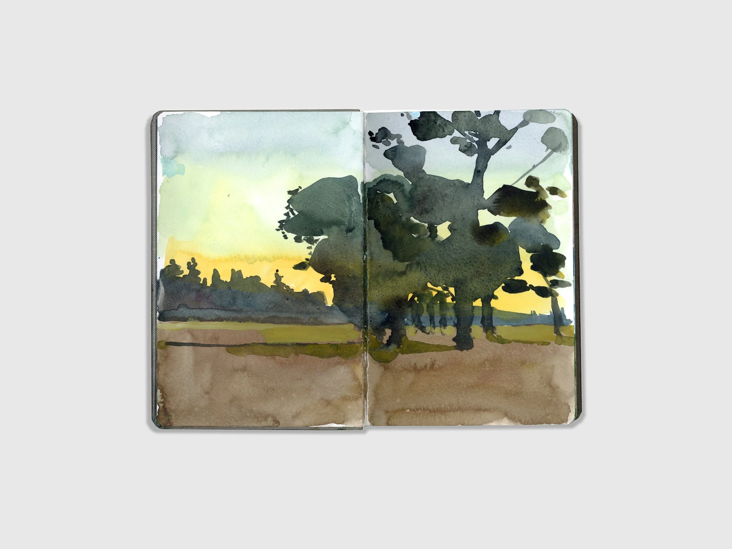 This is a watercolor sketch of a landscape completed while traveling.