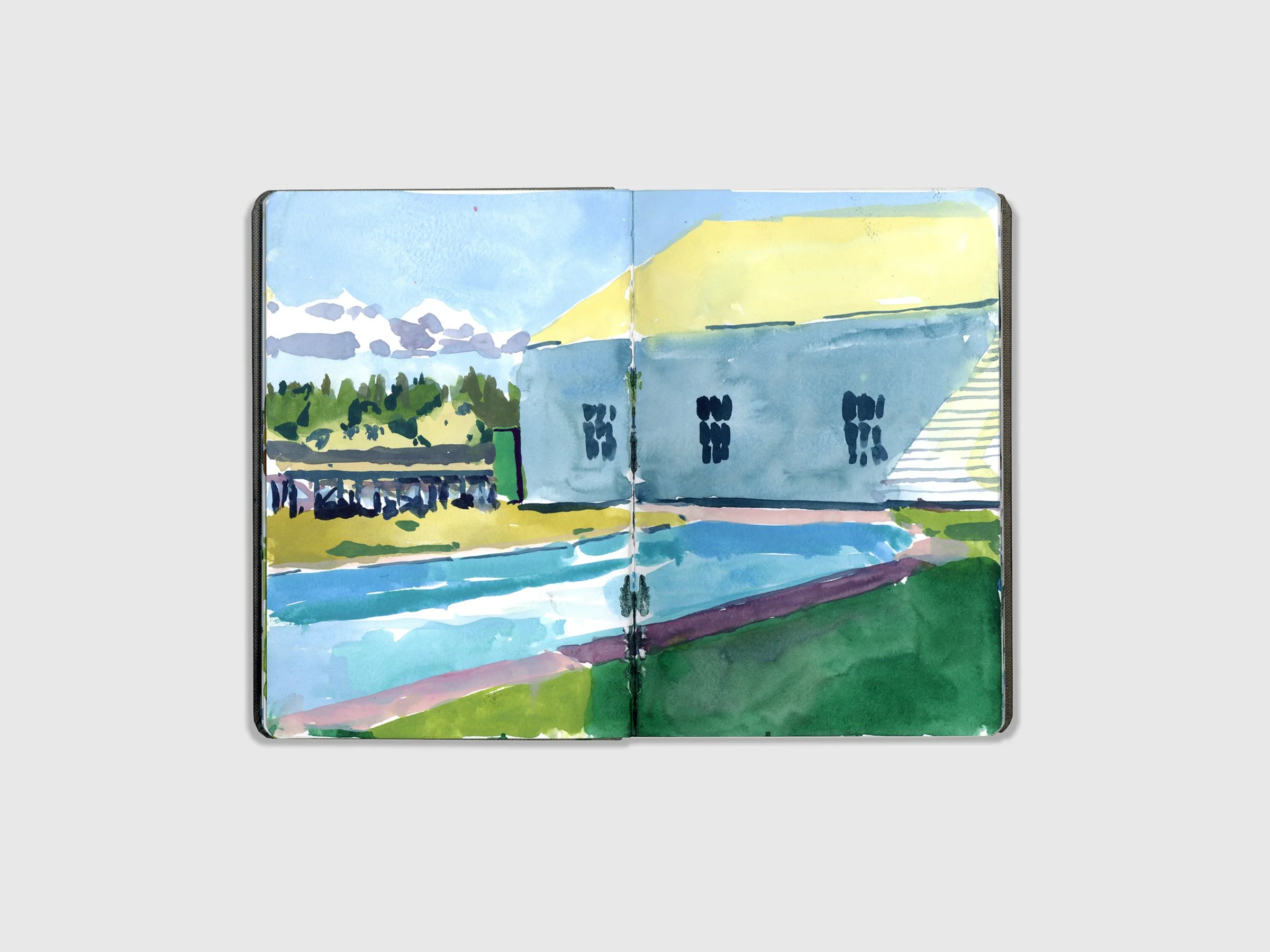 This is a watercolor sketch of a landscape completed while traveling.