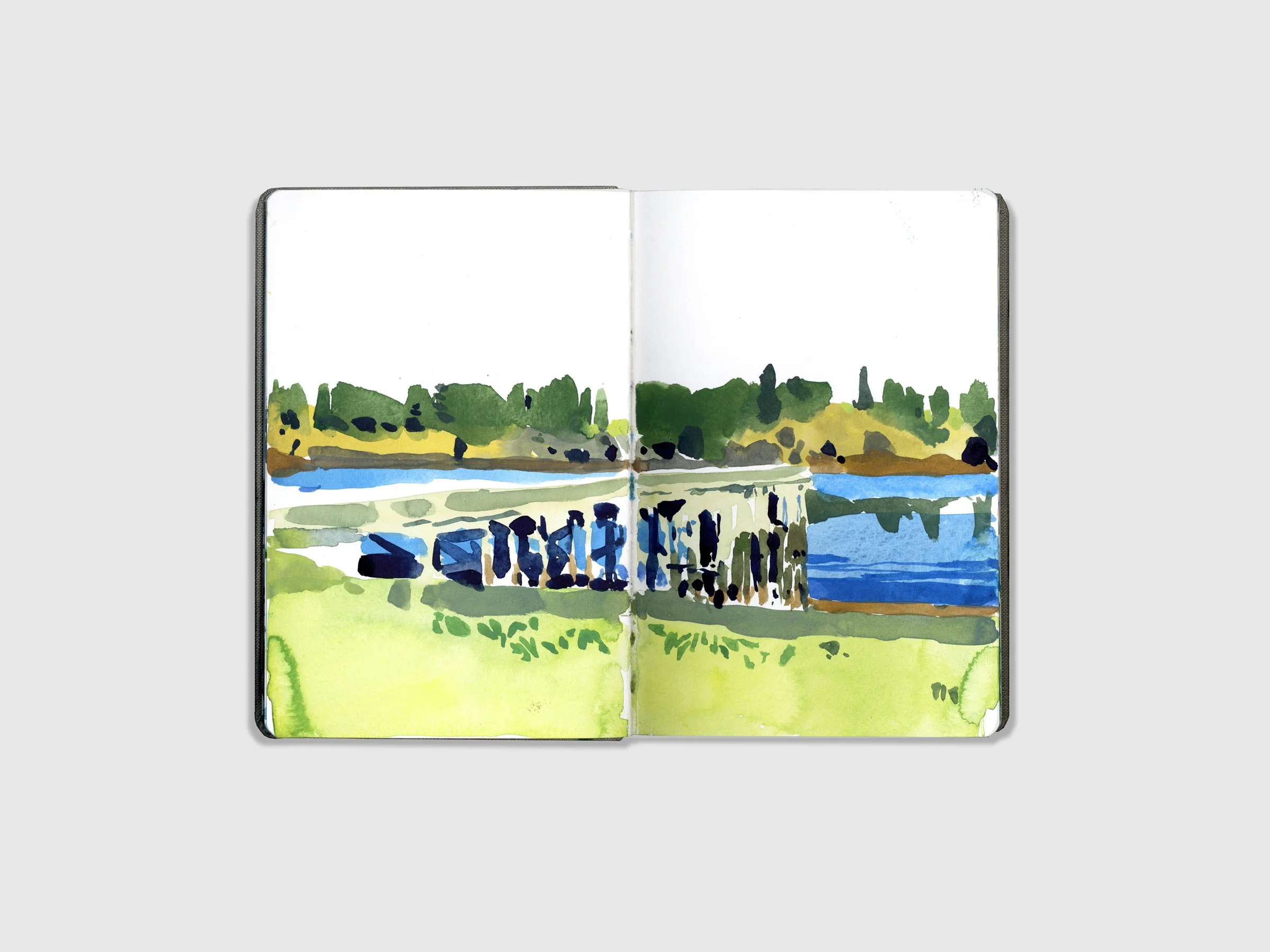 This is a watercolor sketch of a landscape completed while traveling.