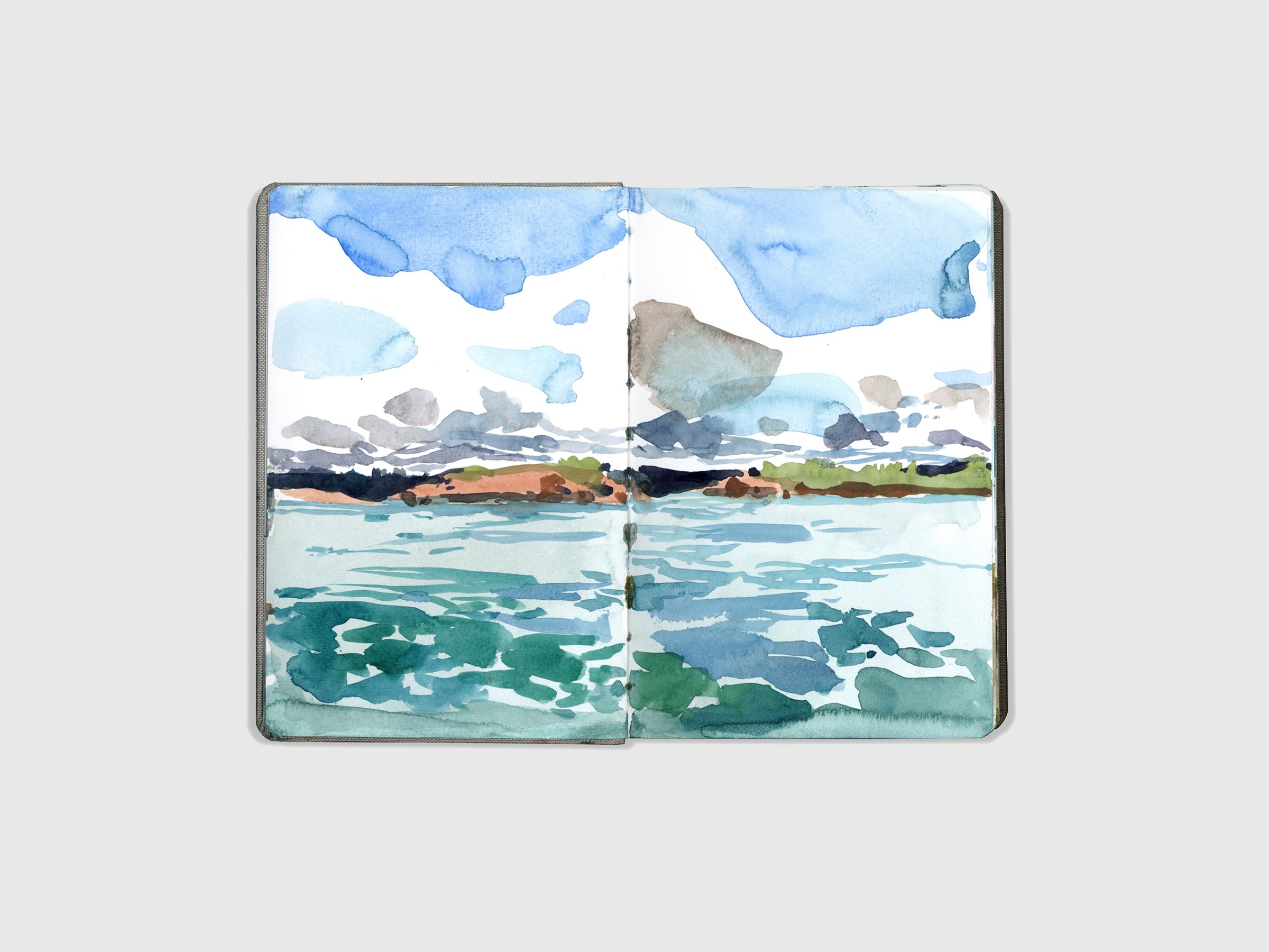 This is a watercolor sketch of a landscape completed while traveling.