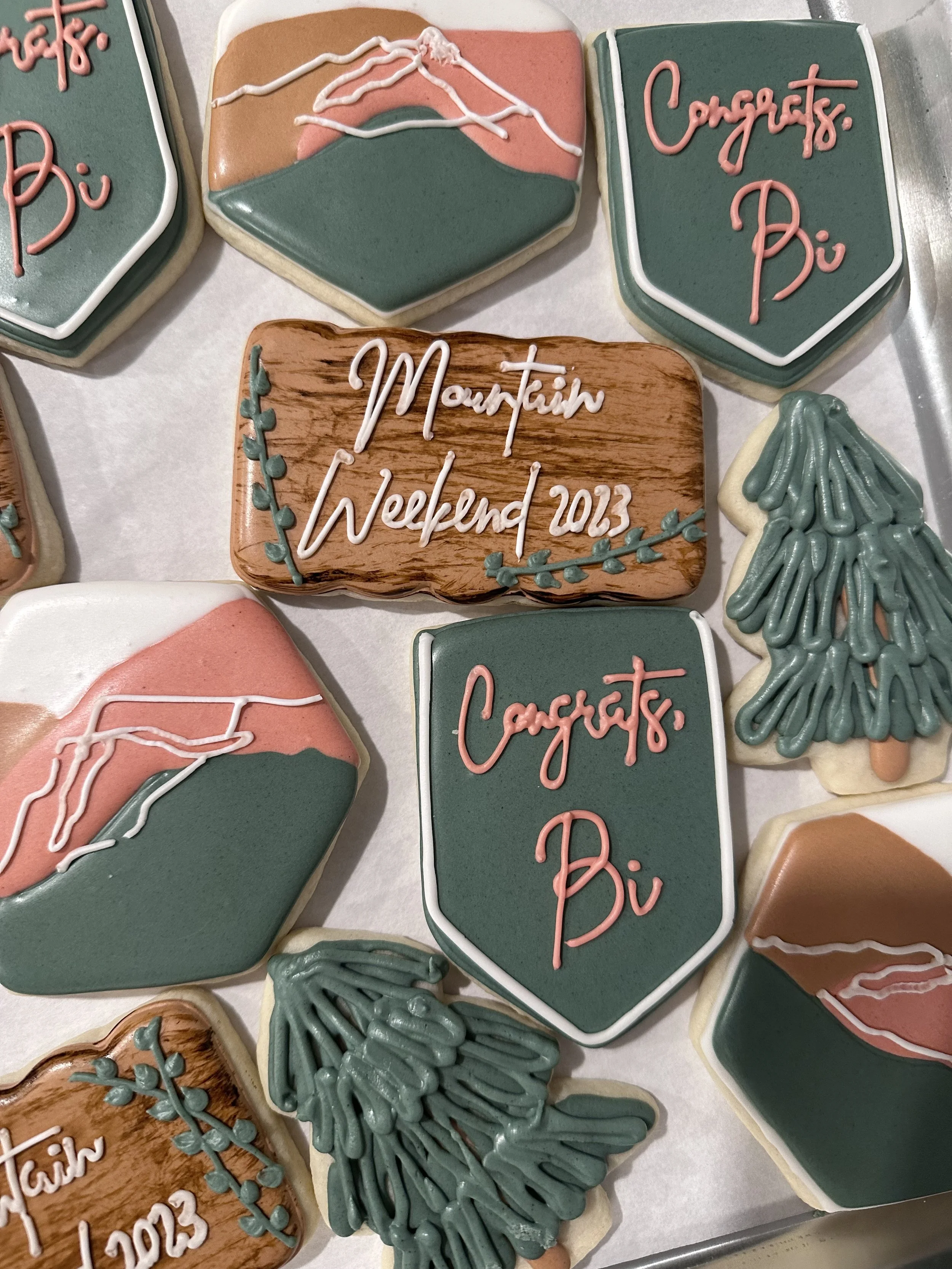 Decorated cookies with mountain, sunset, and congratulatory messages from Mountain Weekend 2013.