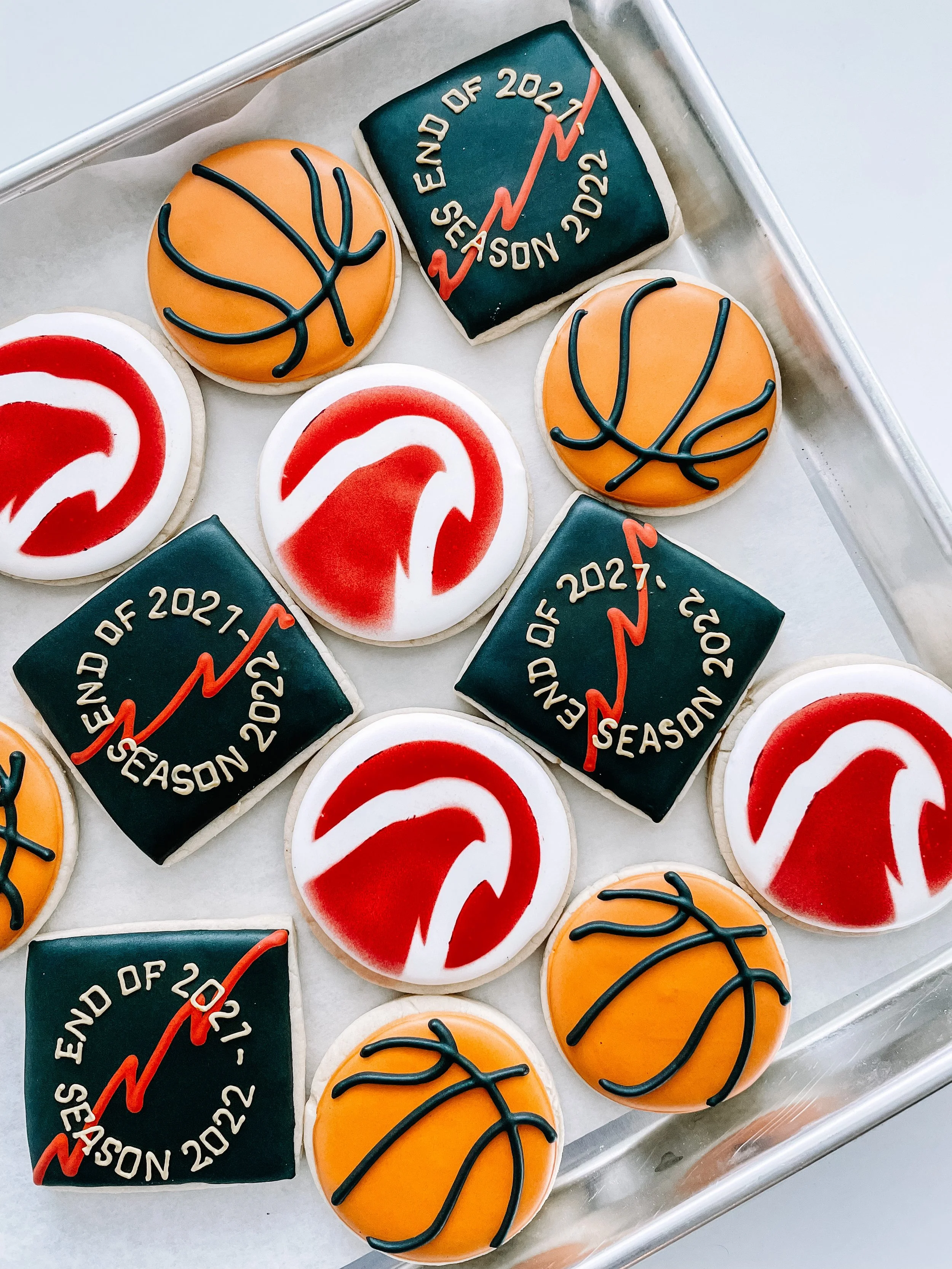Cookies decorated with HVAC-themed designs, including a target symbol, a graph of upward trend, and cooling fan blades, celebrating the end of the 2021 season.