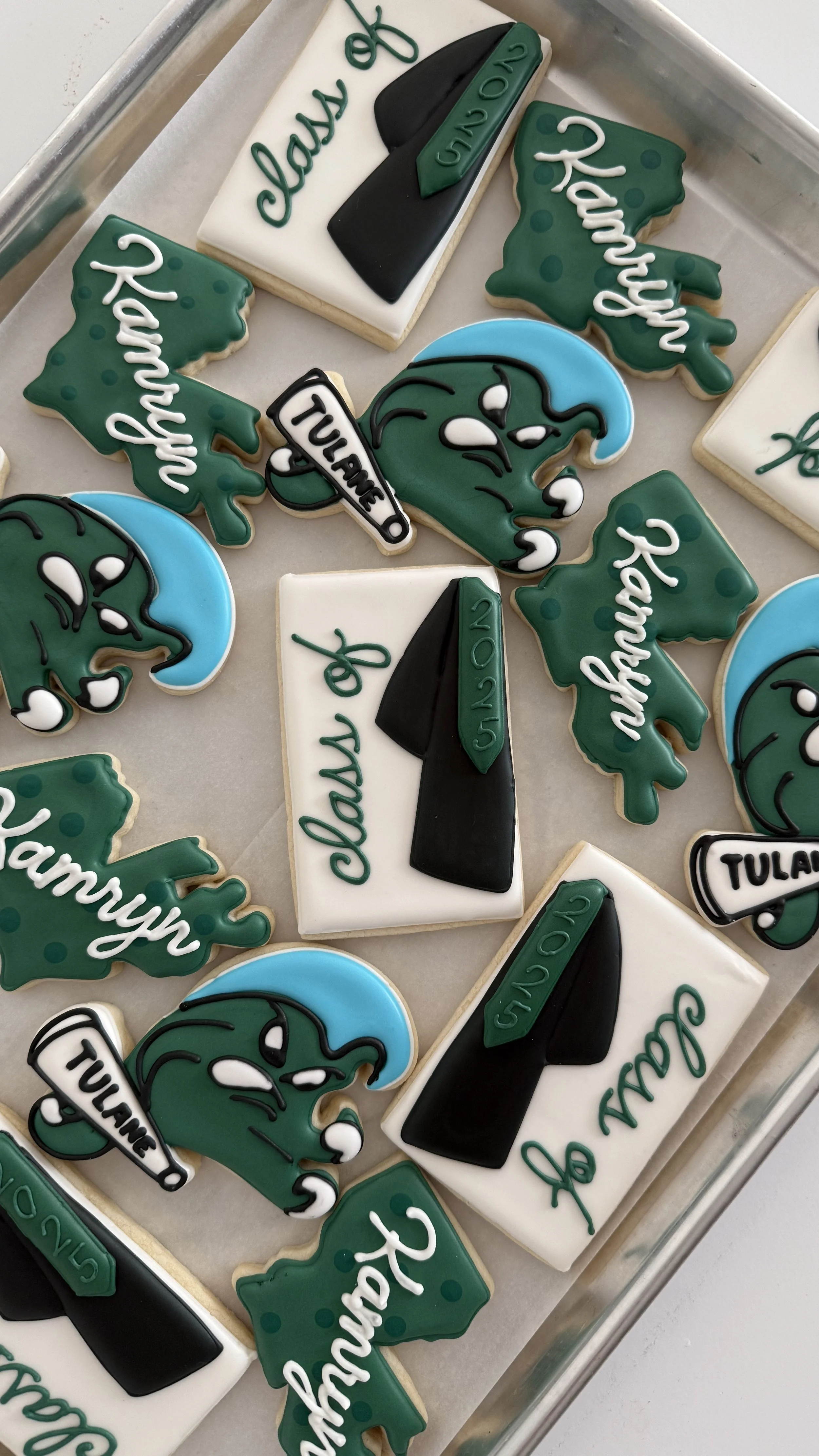Decorated cookies for a graduation celebration, featuring a diploma, a grumpy dinosaur, and the word 'Congratulations' written on trees.