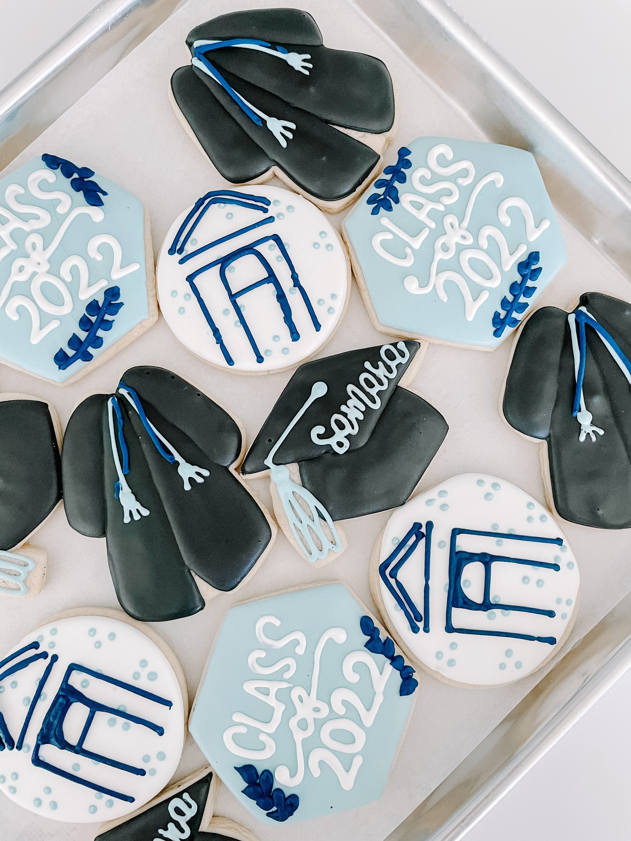 Cookies decorated with plumbing tools and text for a graduation celebration.