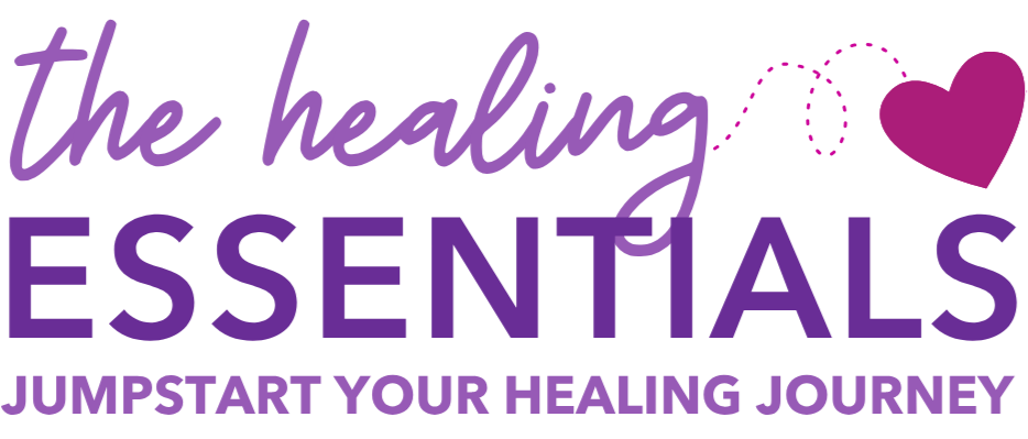 The words 'the healing ESSENTIALS' in purple with a pink heart and decorative dotted line, and the phrase 'JUMPSTART YOUR HEALING JOURNEY' below.