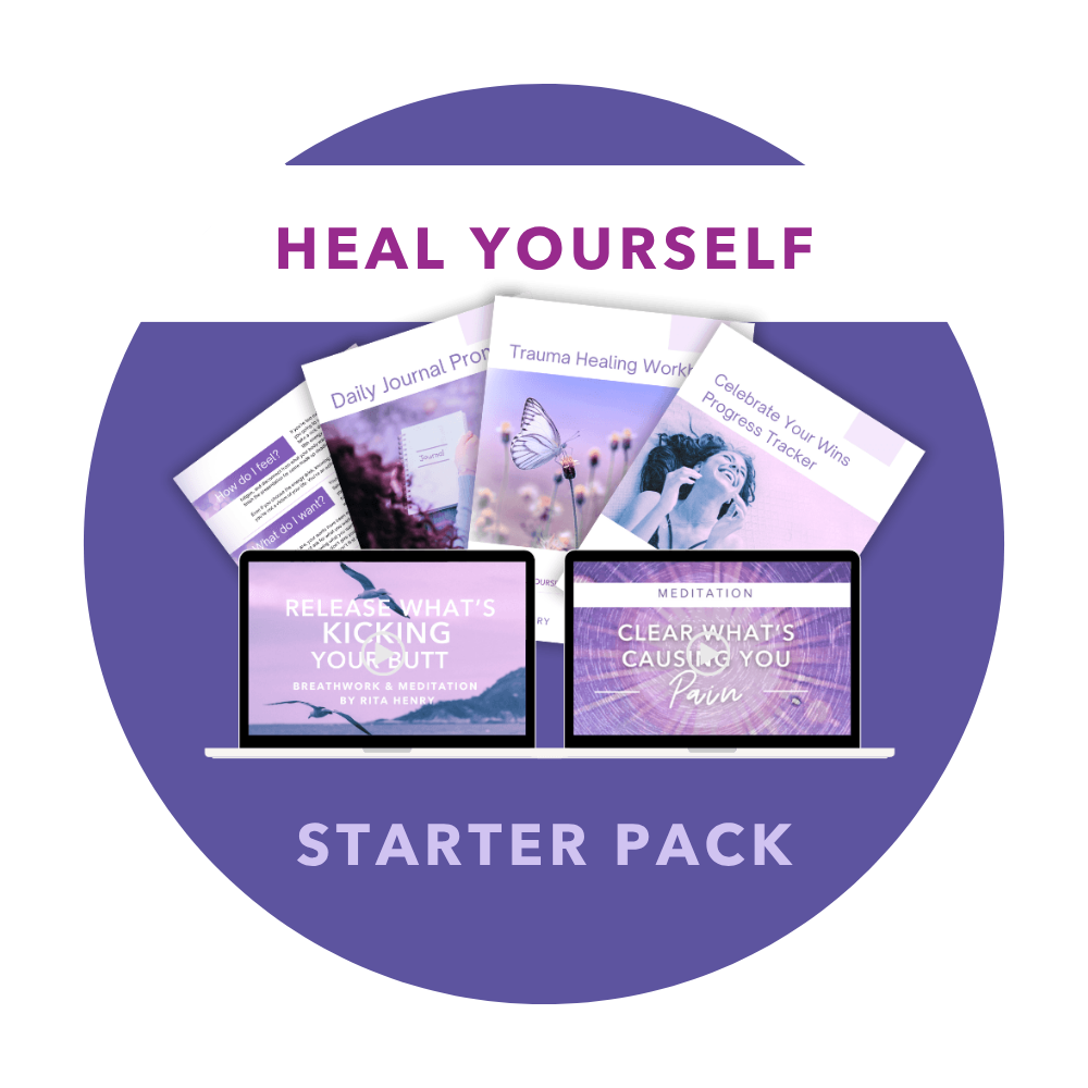A digital image displaying a wellness bundle titled 'Heal Yourself' Starter Pack with various booklets, journals, and online content about healing, meditation, and emotional well-being, featuring a purple and white color scheme.