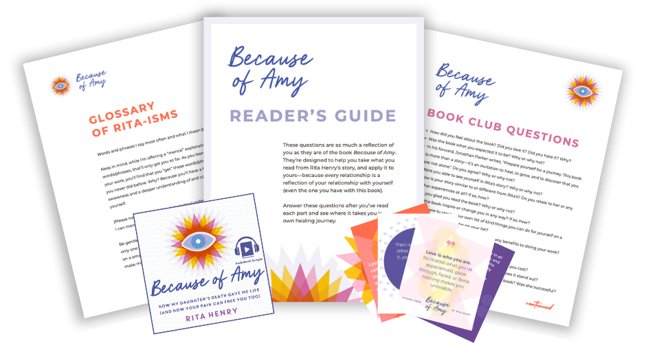 Collection of printed materials including a reader's guide, a glossary, book club questions, and informational cards for 'Because of Amy' by Rita Henry, featuring colorful graphics and a logo with an eye and a radiant sun.