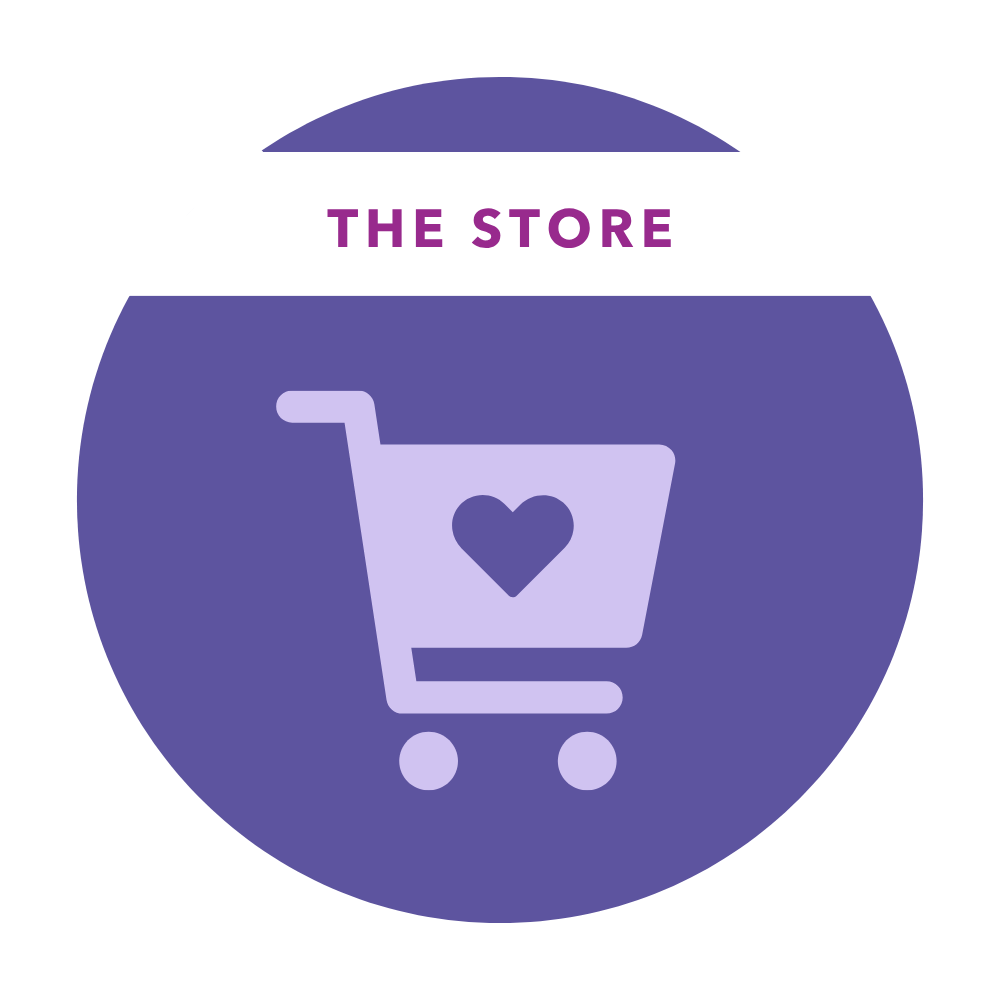 Logo with a purple shopping cart and a heart inside, above the text "The Store" on a purple background within a circular design.