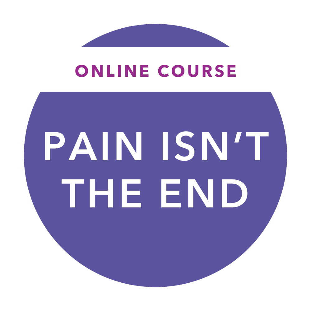 A circular badge or sticker advertising an online course titled "Pain Isn't the End of Your Story" with purple and white color scheme.