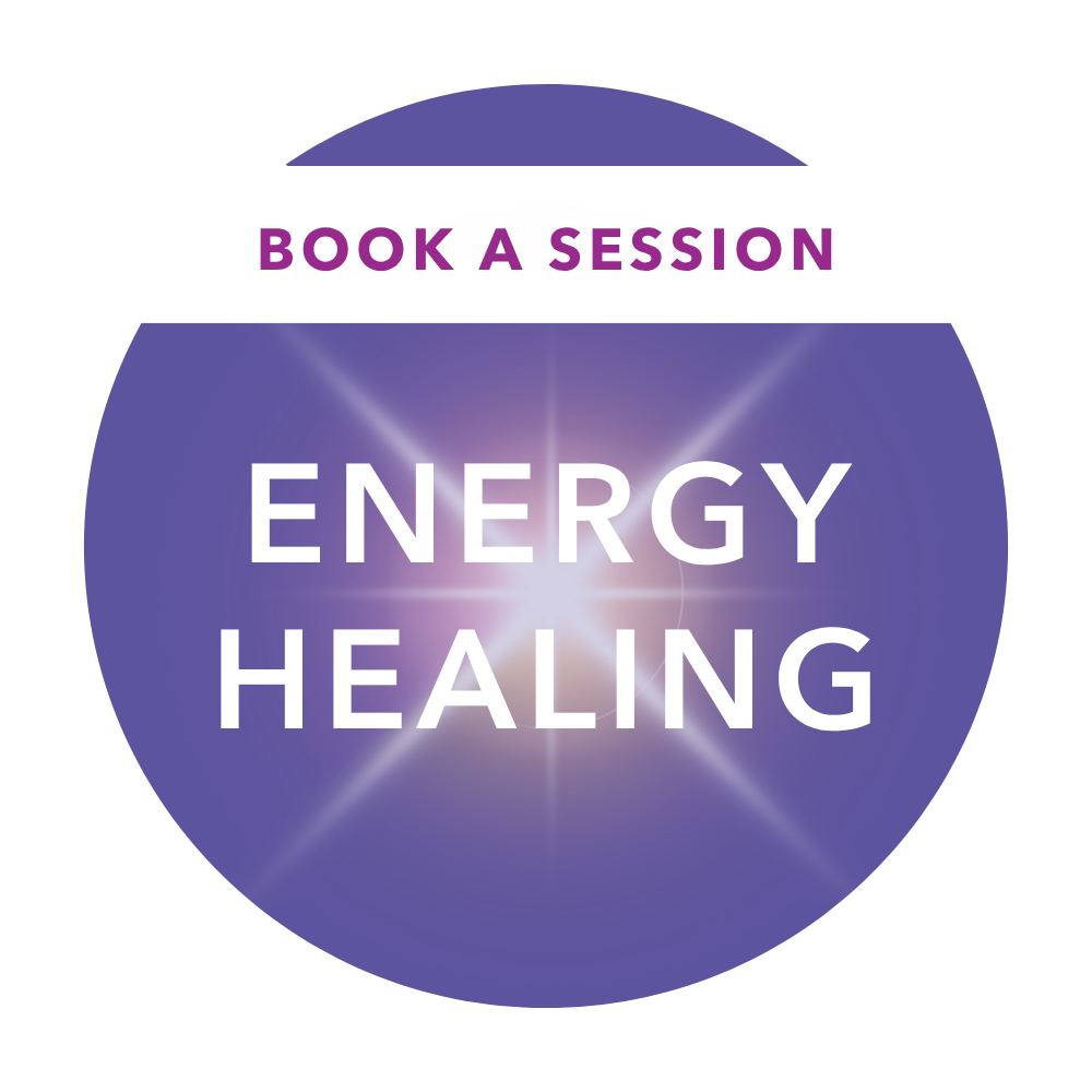 Circular graphic with a purple background and white text that reads "ENERGY HEALING" in the center. Above this, it says "BOOK A SESSION" in purple. The design features a radiant starburst at the center.