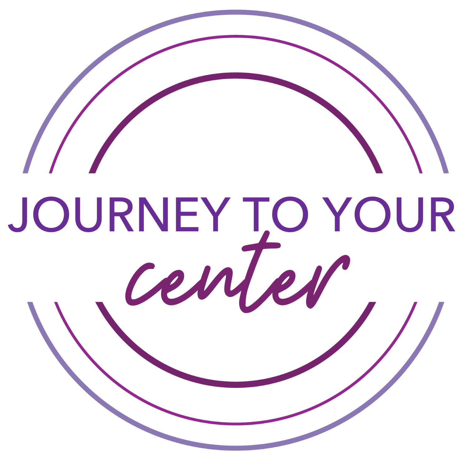A logo with a stylized rainbow design in shades of purple above the words 'Journey to your center' written in purple and cursive font.