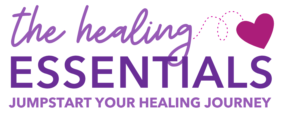 Text in purple and pink reads: "the healing ESSENTIALS JUMPSTART YOUR HEALING JOURNEY" with a purple heart and dotted line connecting to it.
