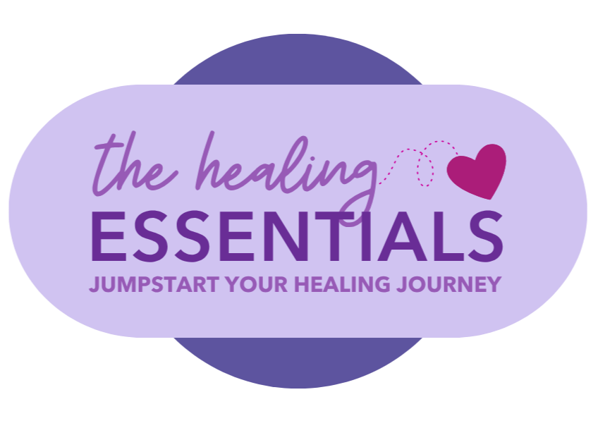 Illustration of a label with text 'The Healing Essentials: Jumpstart Your Healing Journey' and a pink heart connected to the word 'the healing' on a lavender background.