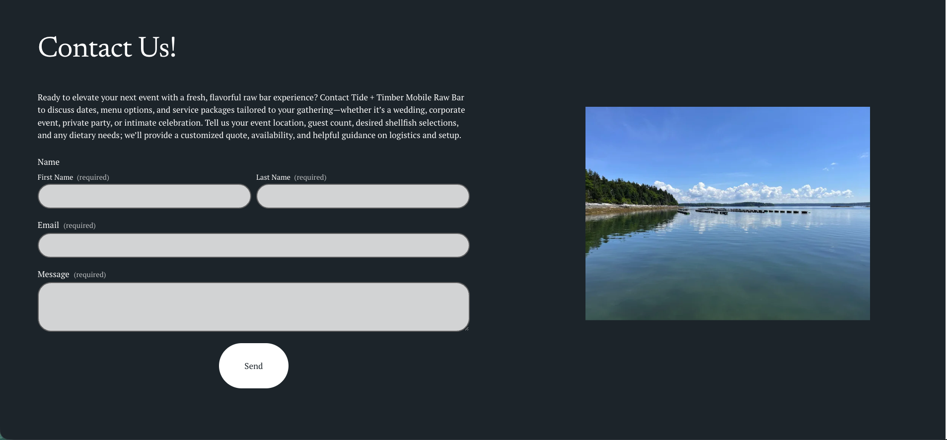 A contact form webpage with a dark background, white heading, and a photo of a calm river with trees on the shore, blue sky, and clouds on the right side.