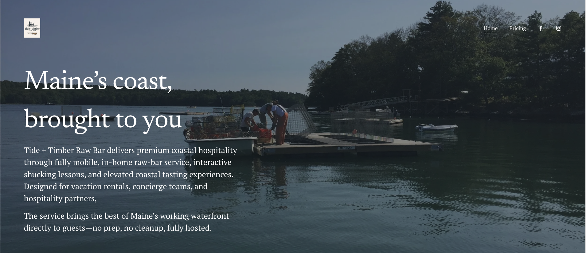 A website homepage featuring a coastal scene with a dock and three people handling lobster traps, trees on the shoreline, and a boat in the water, promoting Maine coastal hospitality services.