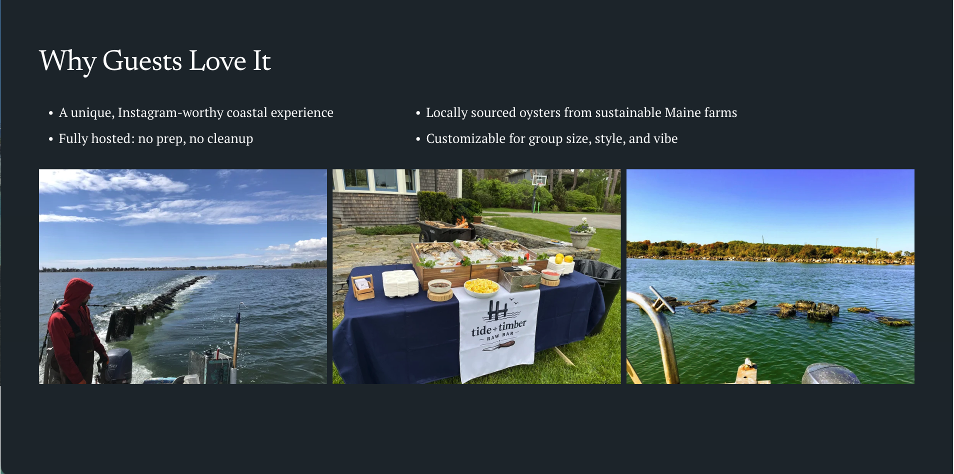 A webpage titled 'Why Guests Love It' featuring three photos: one of a person in a red jacket on a boat on a body of water, another of a seafood buffet with oysters and lemon on a table outdoors, and the third of a scenic view of a lake with clear waters and a shoreline in the distance.