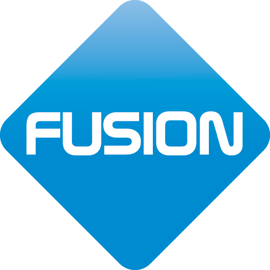 Fusion logo with a blue diamond background and white text.