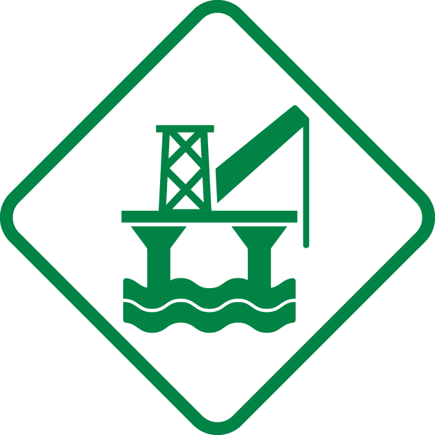 Environmental warning sign depicting an offshore oil rig with water waves at the bottom.